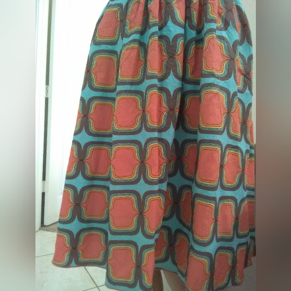 BNWOT UNIQUE BOUTIQUE DRESS BEAUTIFUL BLUE, ORANGE & BROWN GEOMETRIC A-LINE - Picture 5 of 8